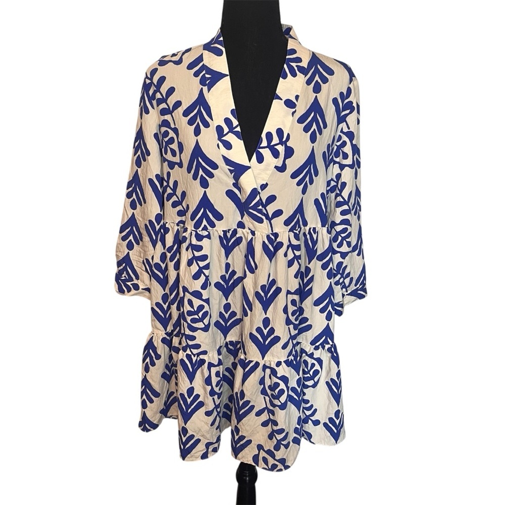 Zara Swing Dress Mini Baby Doll Tiered Sz M Blue White Floral Boho Resort V Neck